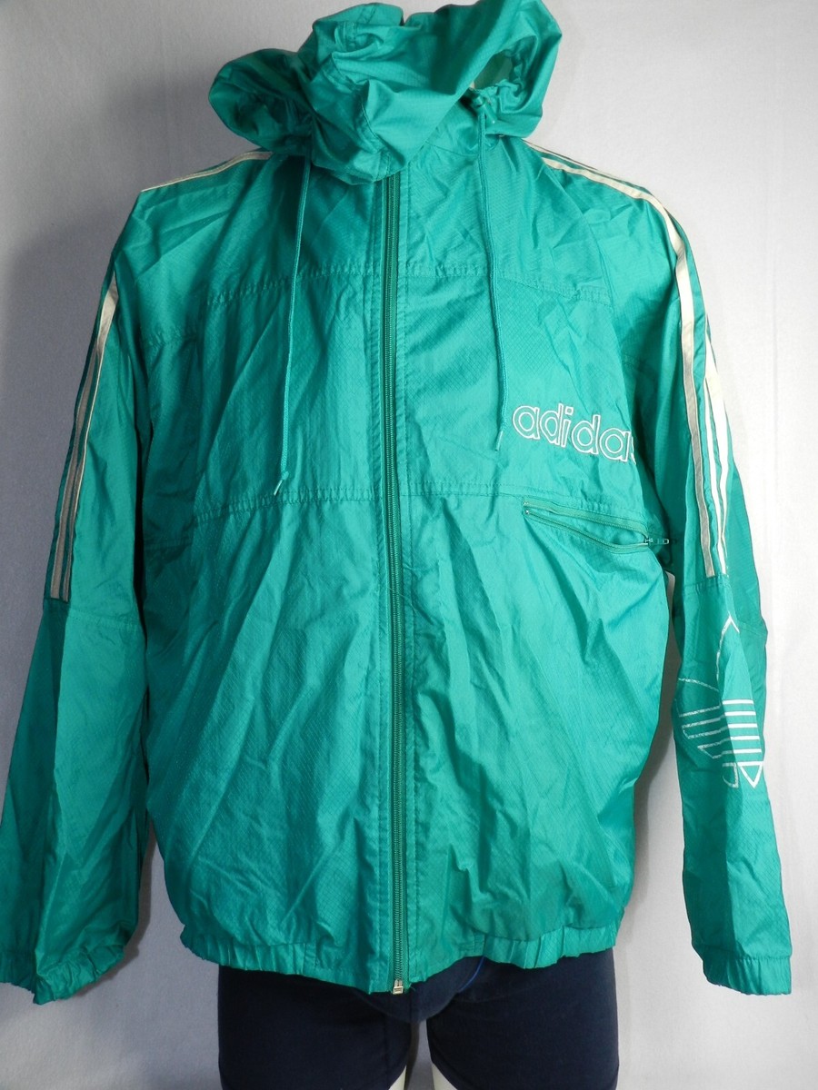 Vintage Y2K 90s Adidas Green Hooded Windbreaker Jacket L Trefoil Logo