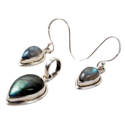 Silver 925 Labradorite Tear Drop Shape Handmade Pendant Earrings Set For Gift