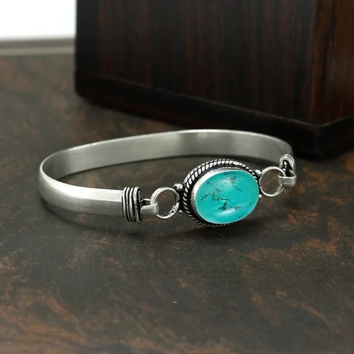Belleza Santa Rosa Turquesa Piedra Preciosa 925 Plata de Ley Pulsera Hecha a Mano Puño - Imagen 2 de 5