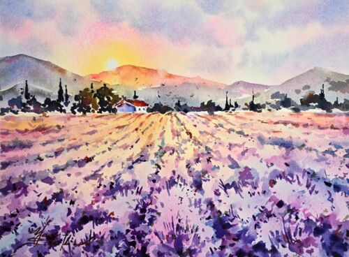 Original watercolor painting Provence Lavender Field Art Ftance Landscape 9"x12" - Picture 2 of 3