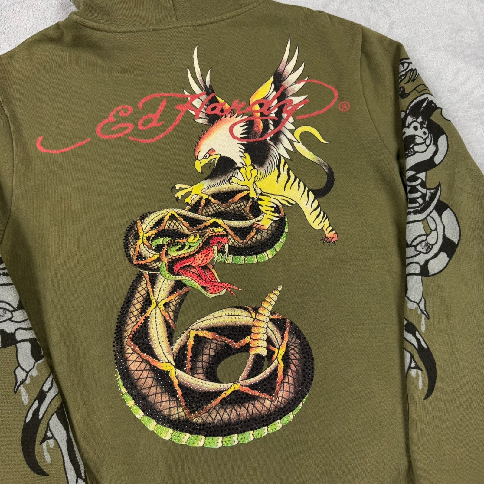 Vintage Ed Hardy 2000's Y2K Khaki Snake Griffin Studded Oversized Lrg Zip Hoodie image 8