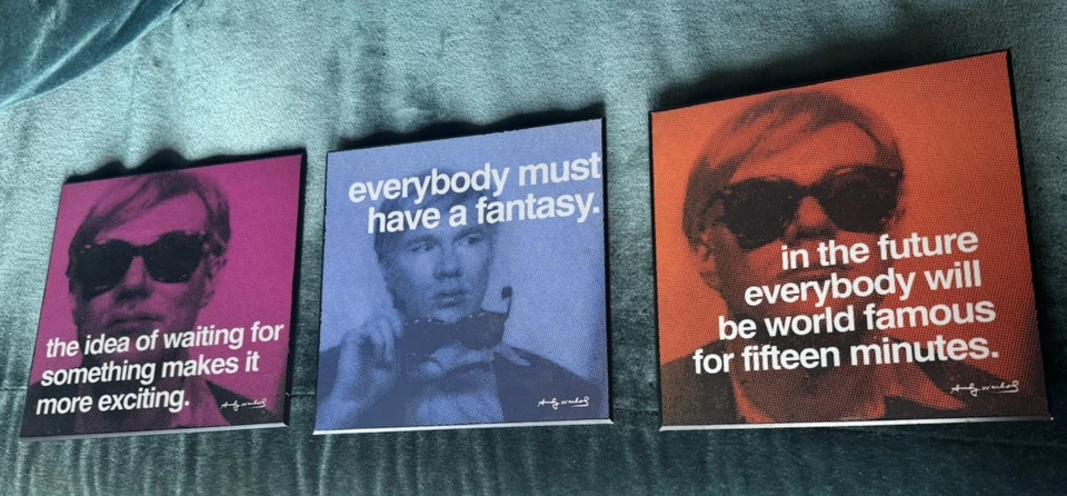 Tres impresiones de madera en capas de Andy Warhol de 9,75 x 9,75" arte pop de pared azul rosa naranja Foto 2 de 4
