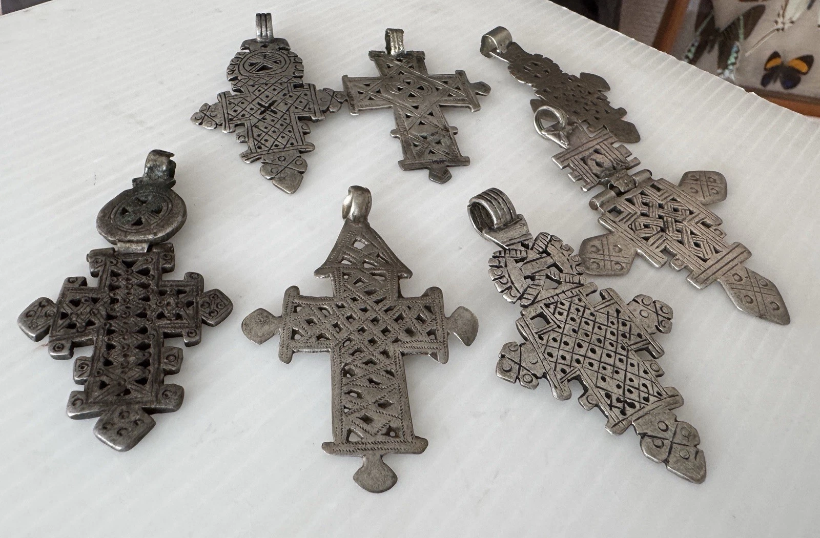 PICK Vintage Ethiopian Jointed Coptic Cross Charm Pendant Silver Tone Tribal 3" - product detail image 2