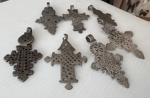 PICK Vintage Ethiopian Jointed Coptic Cross Charm Pendant Silver Tone Tribal 3" image 2