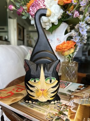 Vtg 1995 Tiger Lily Indonesian Folk Art Wooden Cat Desktop Letter Mail Holder
