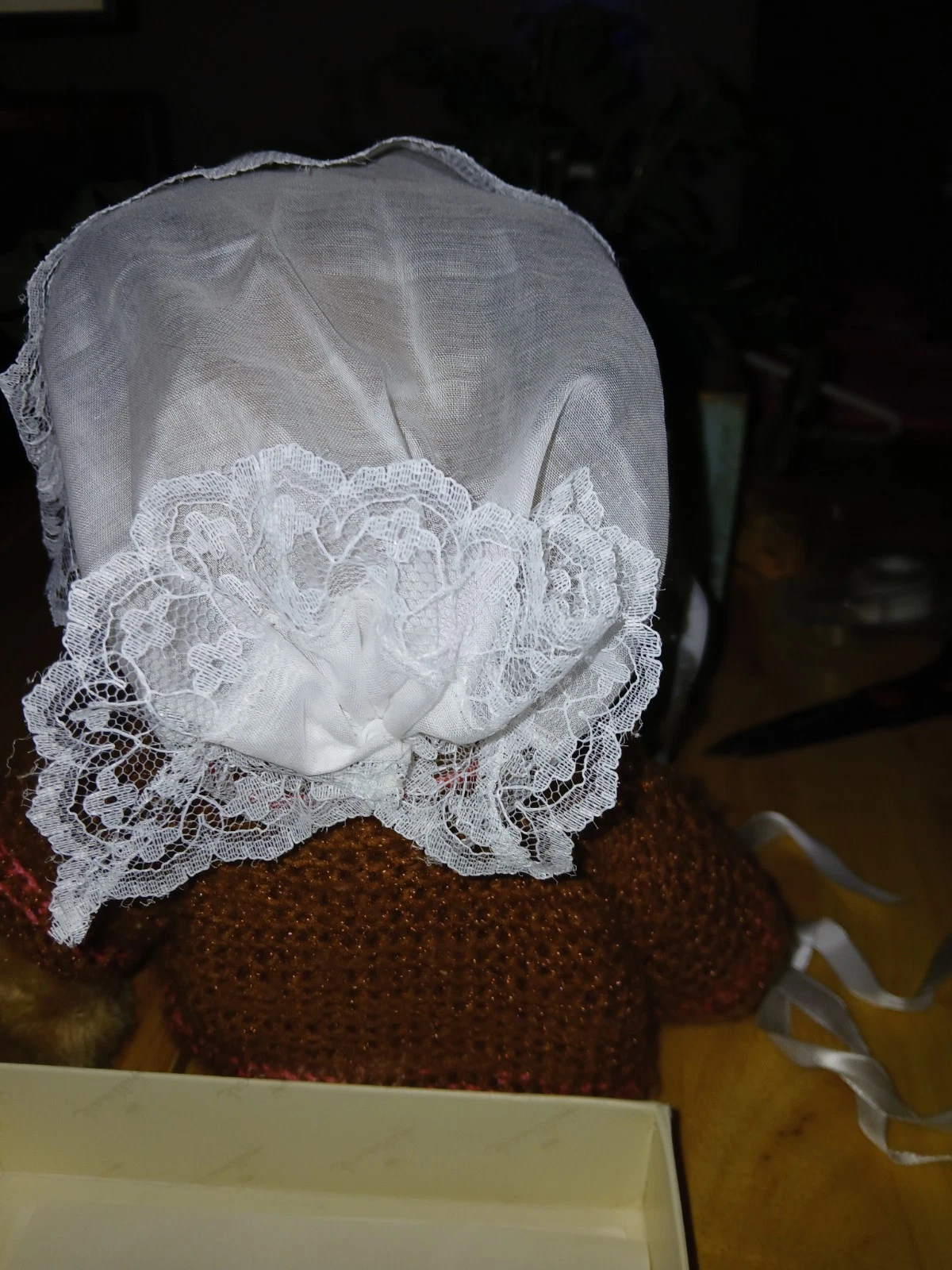 Baby Christening Bonnet Or Everday Wear Lace Linin And Ribbon Set Of Two Baby To