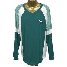 Victorias Secret PINK Teal 86 Varsity V Neck Long Sleeve Sweatshirt Womens S