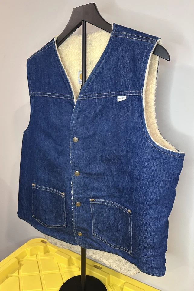 Chaleco de Colección Años 80 Carhartt Acero Azul Denim Estilo Occidental Forrado en Pila GRANDE ALTO Foto 2 de 4