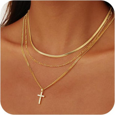 Layered Gold Cross Necklaces for Women, Stack Stackable Chunky 14K Gold Plated C