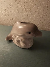 Vintage MidCentury Glazed Ceramic Dolphin Coin Bank W/Stopper-Very Good