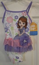 Disney Store Sofia The First 1pc Swimsuit Size 4 White UPF50 Purple Pink Tutu