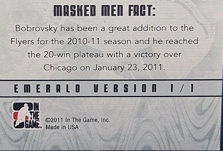 10-11 In The Game Sergei Bobrovsky Masked Men Rookie 🌈🌈🌈 Emerald Variant #1/1 - Image 2 of 4