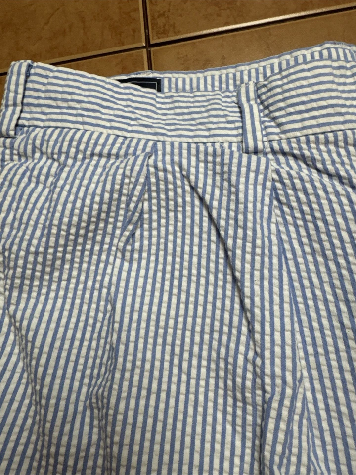Pantalones Cortos de Verano Ben Silver Charleston Seersucker Azul Rayas Plisados Talla 42 x 9 Foto 2 de 4