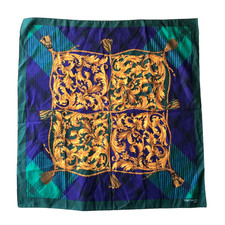 Vintage Roger Laurent Paris Italian Scarf Roman Tassels Gold Leaves Green Blue