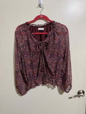 Lucky Brand Burgundy Floral Tie-Neck Peasant Blouse Ruffle Balloon Sleeve S