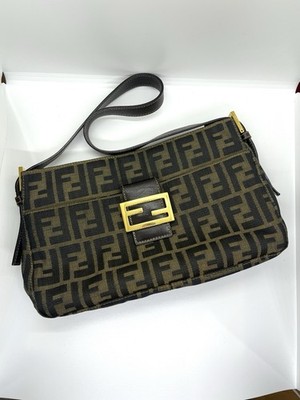 FENDI Mamma Baguette Zucca Brown Canvas Shoulder bag FF logo Gold