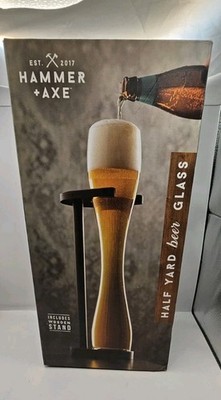 Hammer + AXE Half Yard Beer Glass 18 Inch Of Brew. With Real Wood Stand (Read D)