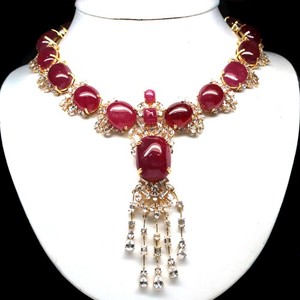 Authentic Handmade 925 Silver Red Ruby White Topaz Necklace 18.5 in 18K Gold Plated