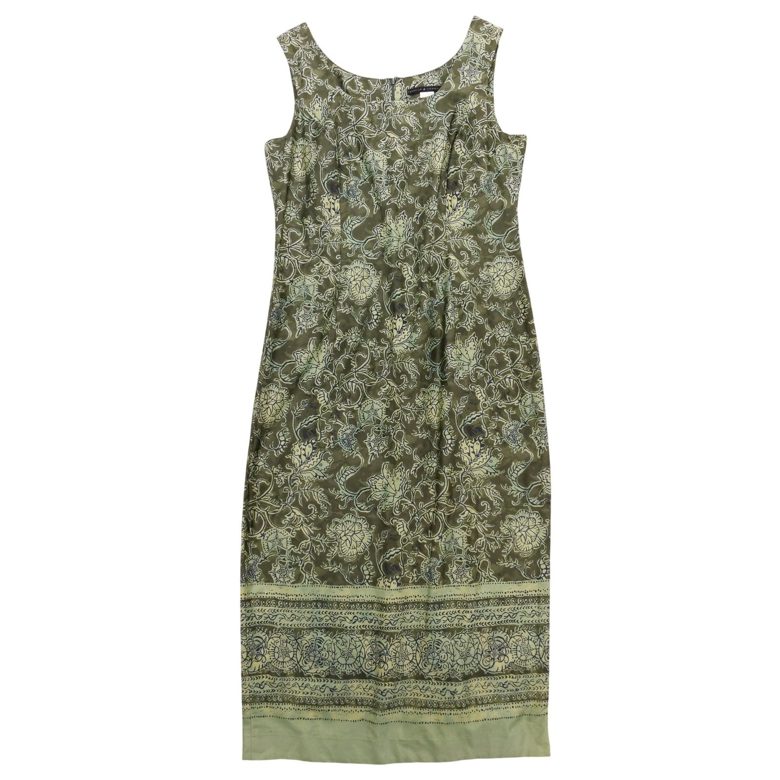 Peruvian Connection Sheath Dress 12 Green Floral Pima Cotton Midi Sleeveless