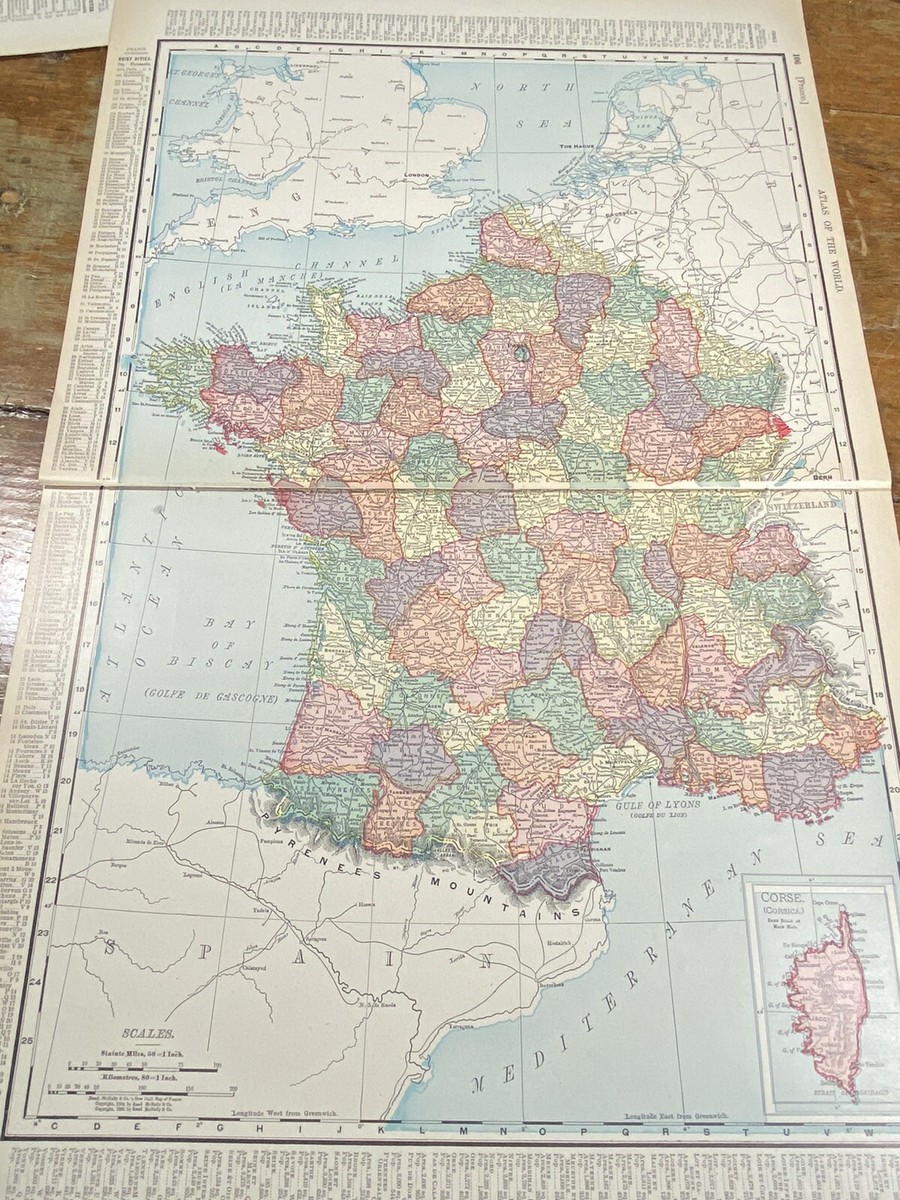 1900年代初頭フランス アンティーク地図 自転車 ロードマップ/K662 1900 Colored Map FRANCE, Cities, Towns, Historical Points, 2 Pages