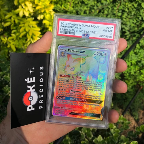 PSA 8 - PERSIAN GX Full Art Secret Rare 227/214 Unbroken Bonds 2019 SR S&M FA