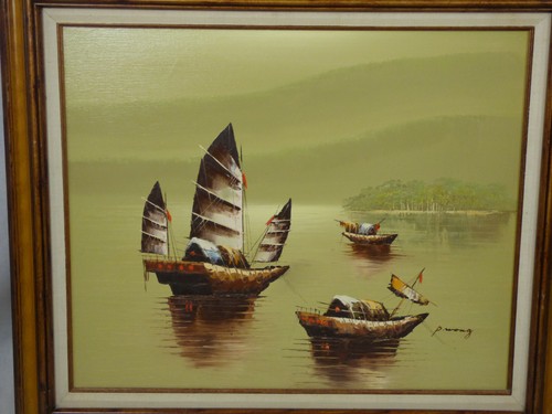 P. Wong Chinese Asian Fishing Junk Boats Oil on Canvas Painting Nautical Framed - Picture 2 of 10