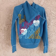 Victoria's Secret PINK Love Pink and Heart glitter Pullover Hoodie Blue