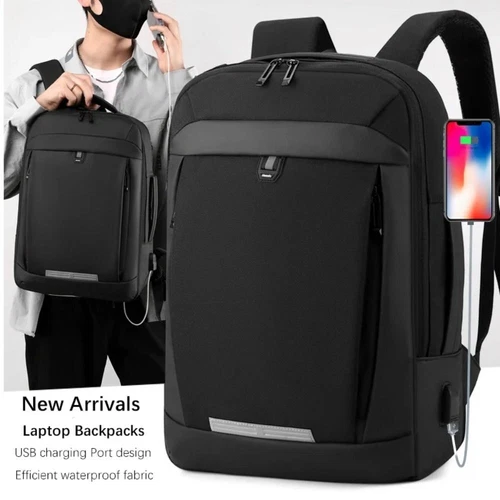 Leather Notebook Backpack Oxford USB Charging Backpack School Book Bag  Men