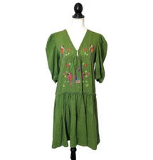 Anouk Grewal Green Parrot Embroidered Puff Sleeve Drop Waist Dress NEW Sz Small