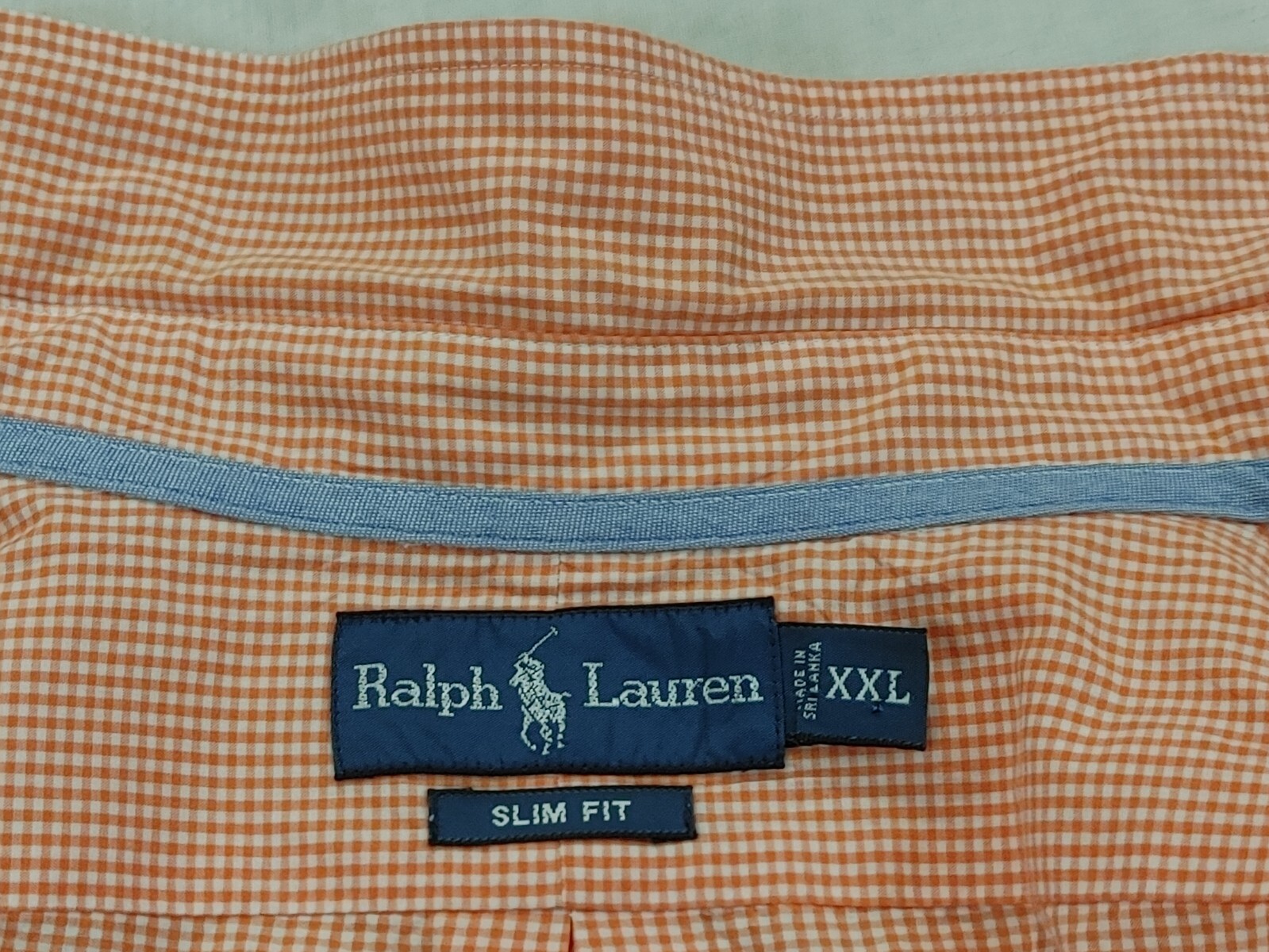 Ralph Lauren Camicia Gingham Arancione Bianco Uomo XXL Blu Pony Manica Lunga Slim Fit
