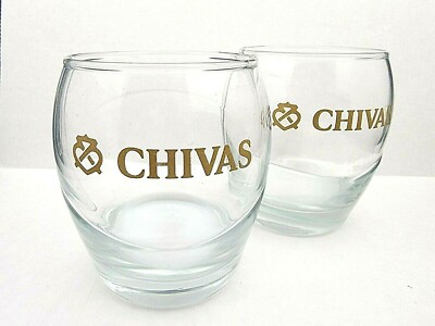 2 CHIVAS Regal Tumbler Glasses 10oz Round Molded Swirl Gold Logo Blended Whiskey