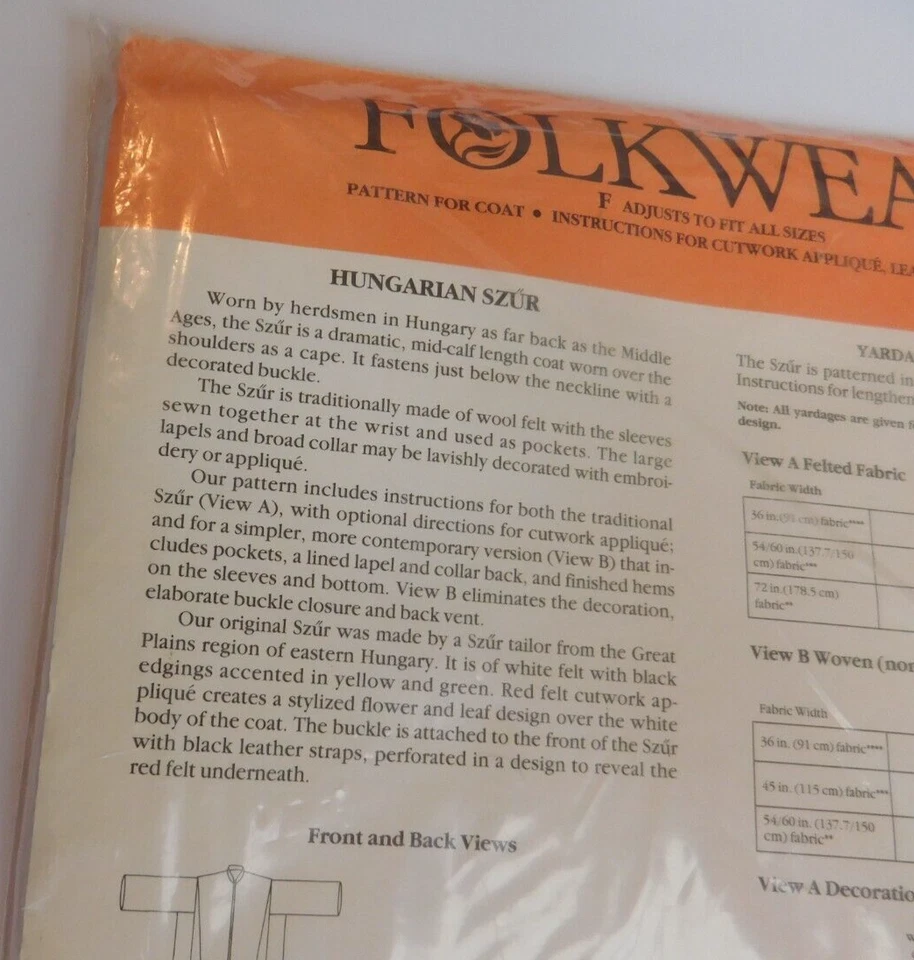 Folkwear #150 sewing pattern Hungarian Szur Coat Robe Unisex Sizing NIP - Image 3 of 4