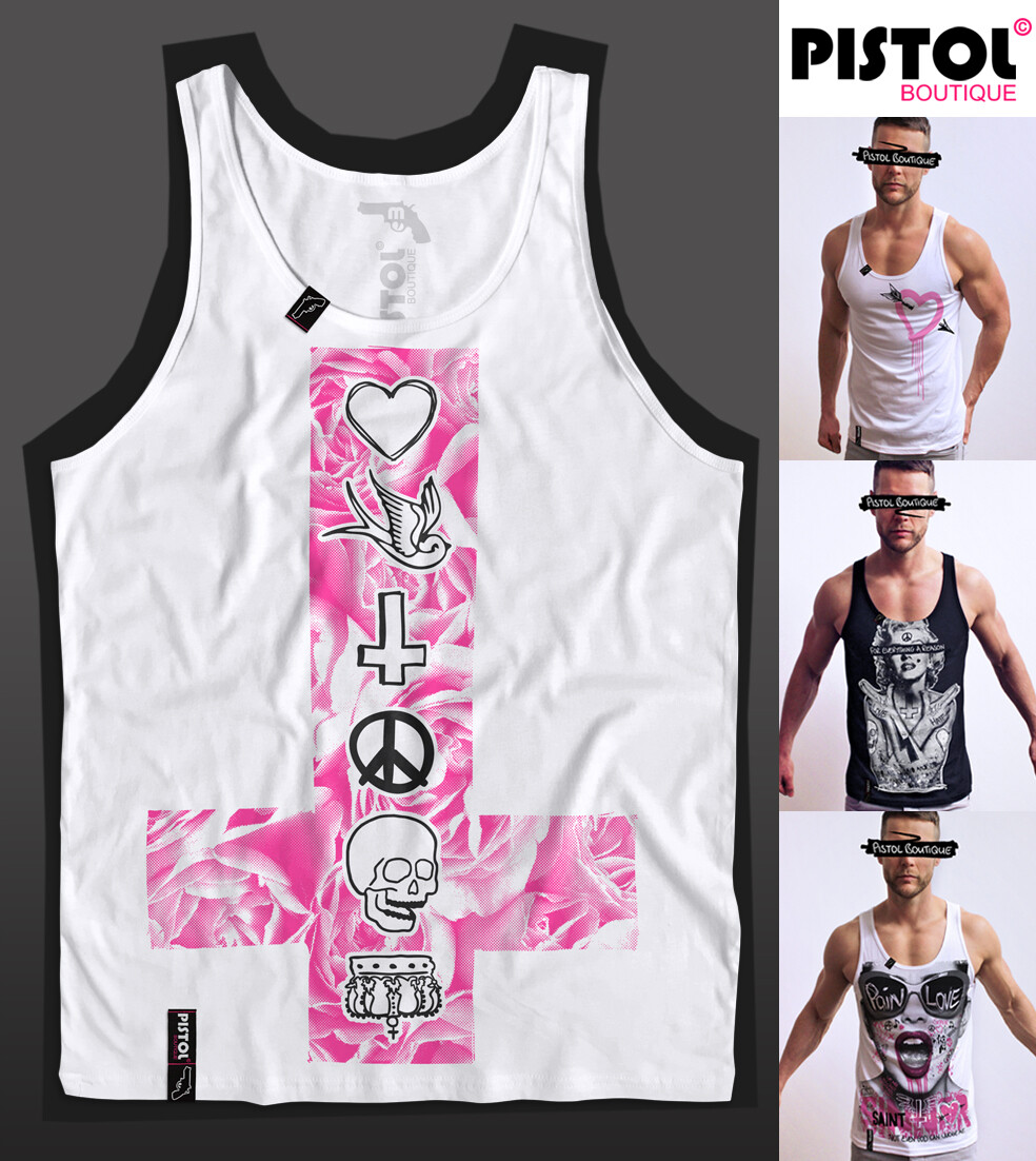 Débardeur Homme Pistol Boutique Blanc à Motif Roses Et Croix - Coton - Neuf Avec étiquettes