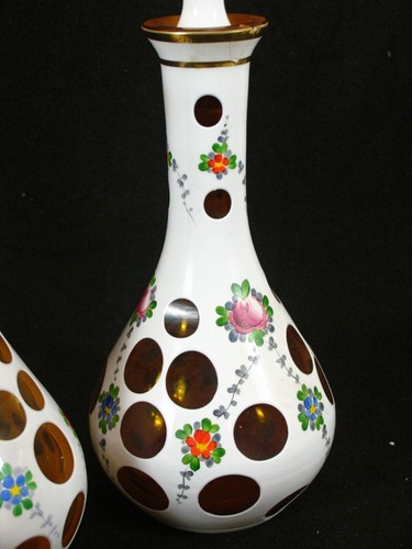3 Victorian Czech Bohemian Glass Decanters White Cut To Amber 13” Floral - Picture 4 of 14