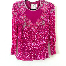 Vintage 80s Sz S Sequin Beaded Silk Pink Blouse Party Formal