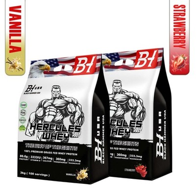 2x Hercules Whey 3kg Vanille + Erdbeere | Protein Pulver -  Black Hammer USA