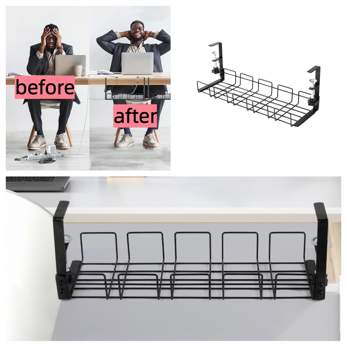Wire Cord Storage Rack Cable Tray Management No Drill Tidy Organizer Under Desk