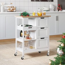 Small Solid Wood Top Kitchen Island Cart on Wheels W/ Storage Rolling Portable