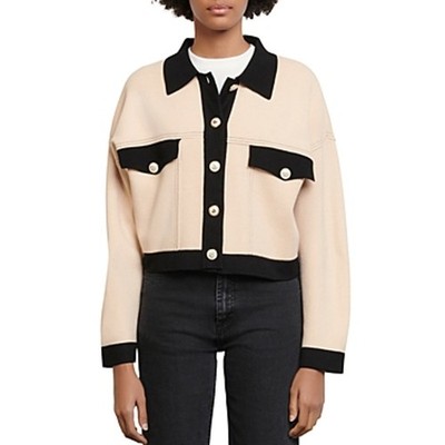 Sandro Paris Two-Tone Cher Cropped Contrast Knit Ecru Boxy Cardigan Jacket 0 XS