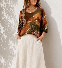 SERENGETI AUTUMN LEAVES SEQUIN EMBELLISHED SHIMMER TOP 1X FALL HUES COTTON 3/4