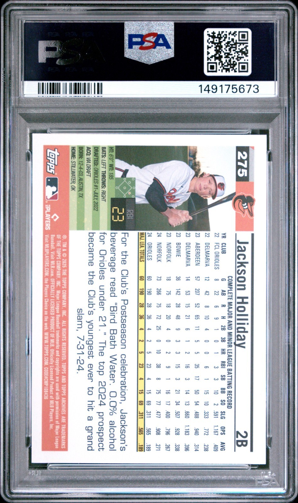 2025 Topps Archives - 2005 Topps Jackson Holliday #275 PSA 10 view 2