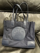 Tory Burch Navy Tote Bag Logo Accents Inner Pockets Double Handles