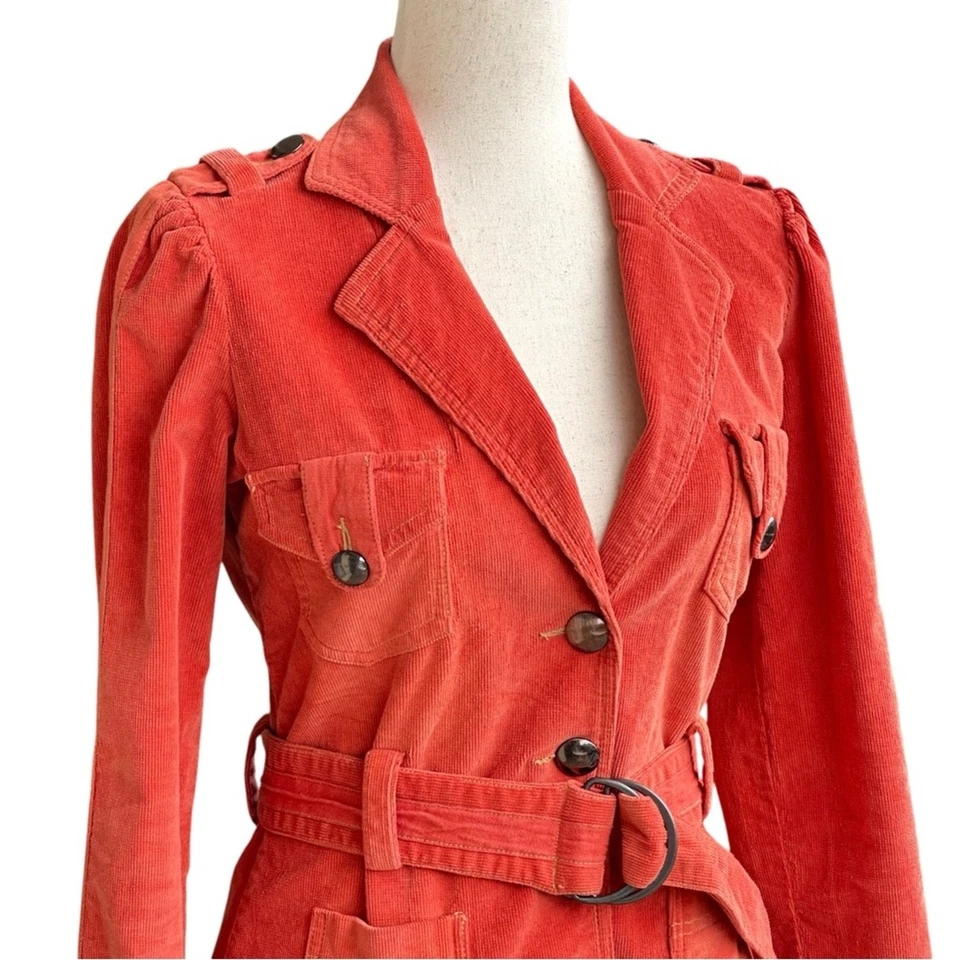 Chaqueta de Pana Tul by Anthropologie Coral Naranja Cinturón Abrigo Militar XS Foto 2 de 4