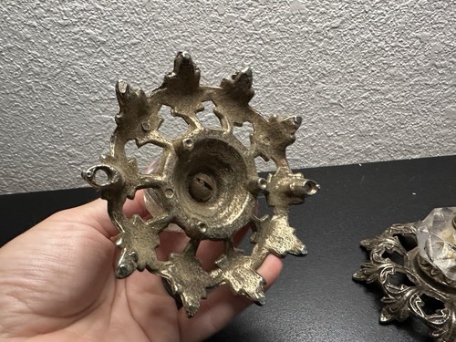 VTG Ornate Solid Brass Inkwell Victorian Crystal Well Art Nouveau Ink Log Of 2 - Picture 11 of 11