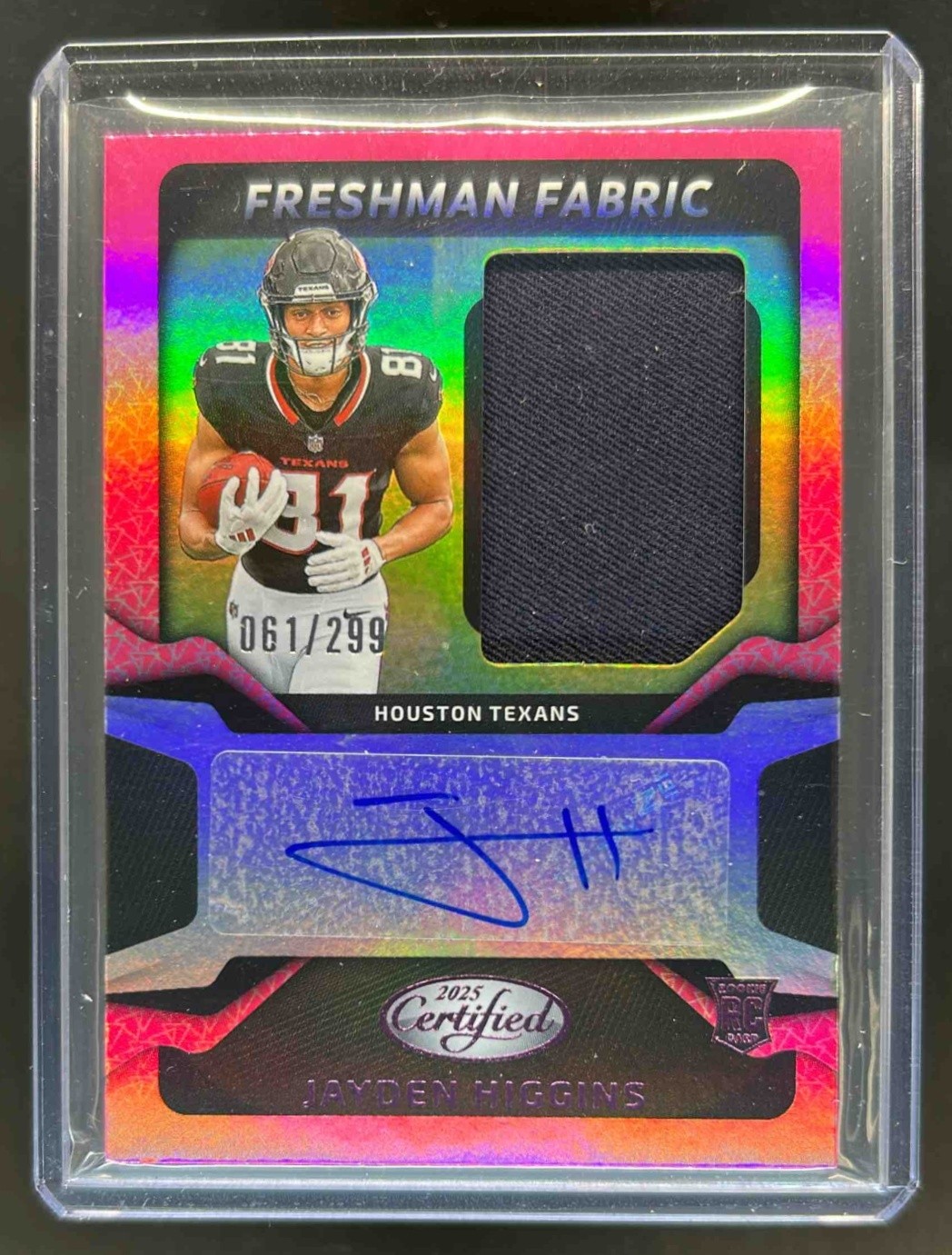 2025 Panini Certified Jayden Higgins Freshman Fabric Jersey Pink RC Auto #61/299