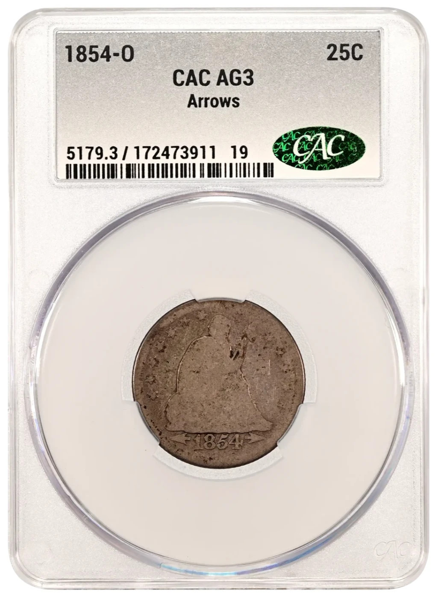 1854-O CAC AG3 Liberty Seated Quarter 25c with Arrows - New