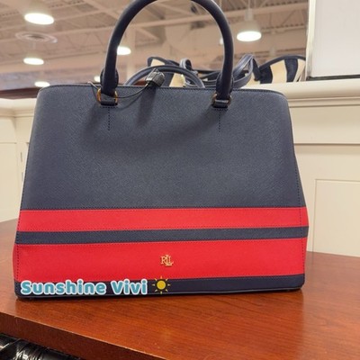 NWT Ralph Lauren Crosshatch Leather Large Hanna Satchel Stripe