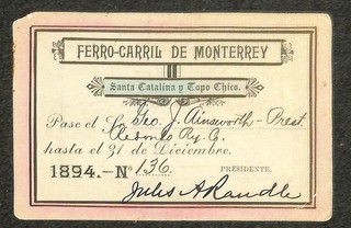 Ferro Carril de Monterrey Eisenbahn Jahreskarte 1894