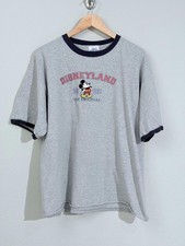 Vintage Disneyland Mickey Mouse Embroidered Ringer Tee Gray Retro Graphic TShirt