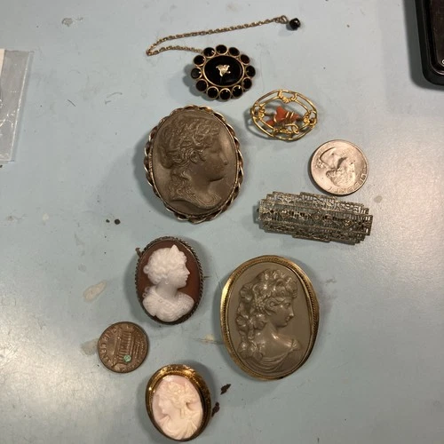 Lot Of Antique GOLD FILLED jewelry Mix Victorian Art Deco Pins Cameos Lava